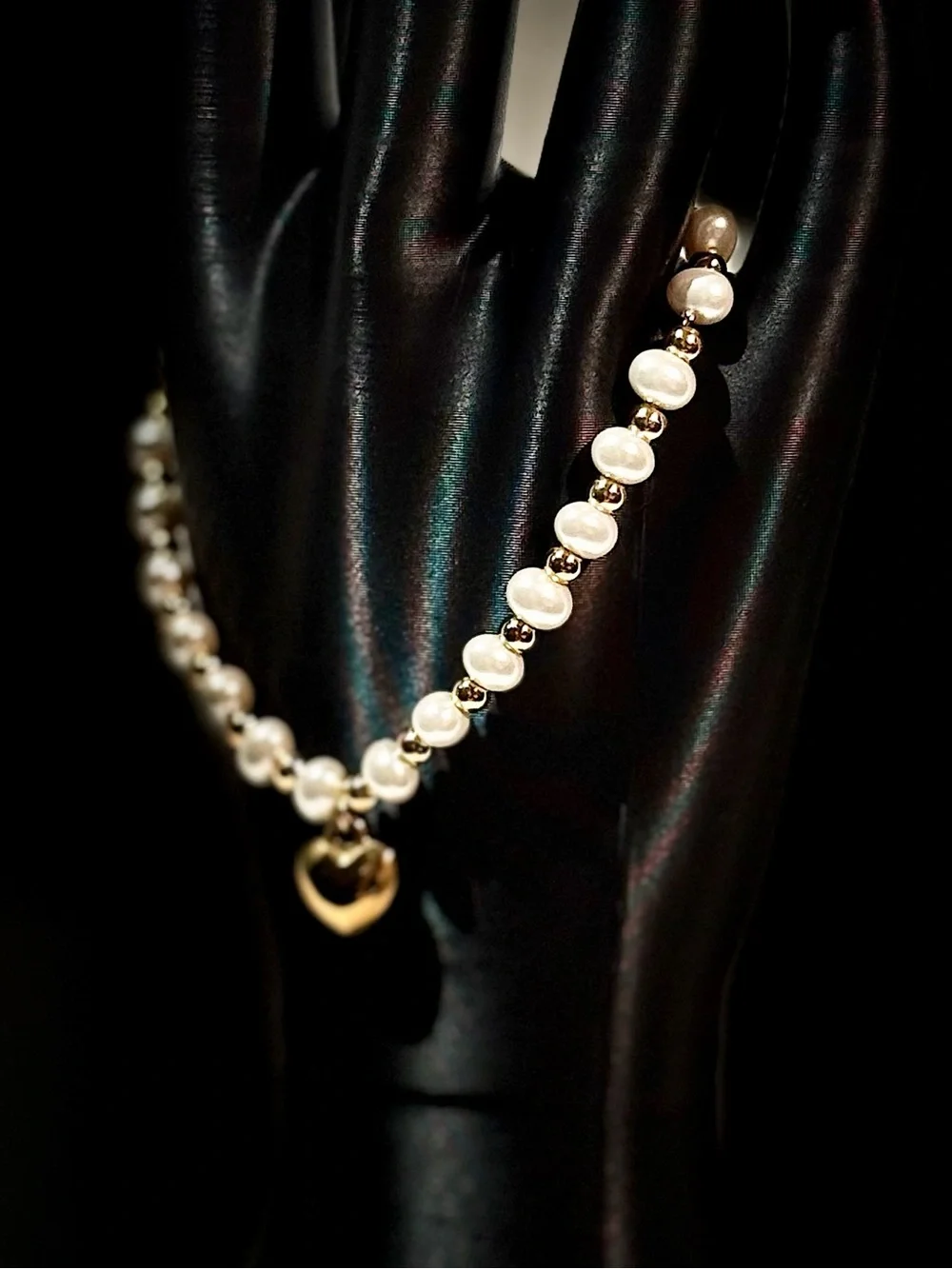 Pearl Bead Bracelet with Gold Heart Pendant